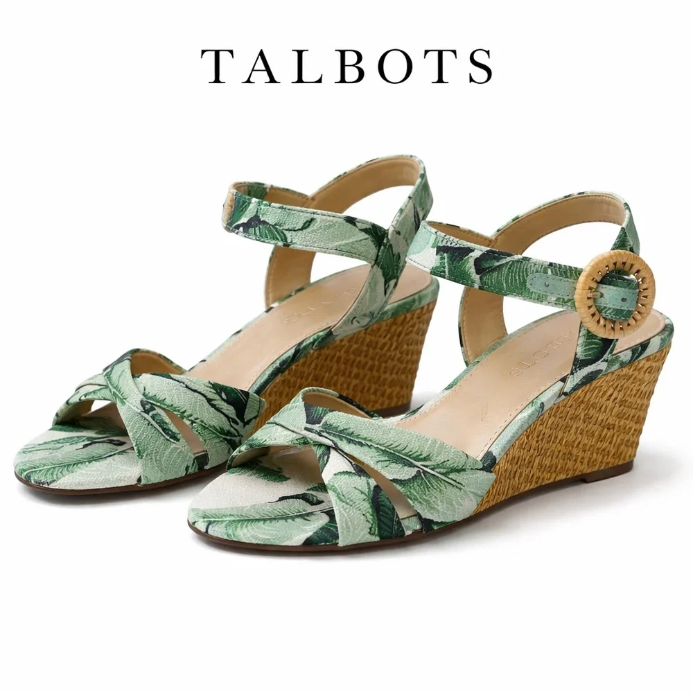 Talbots Green Leaf Print Wedge Sandals with Woven Heel